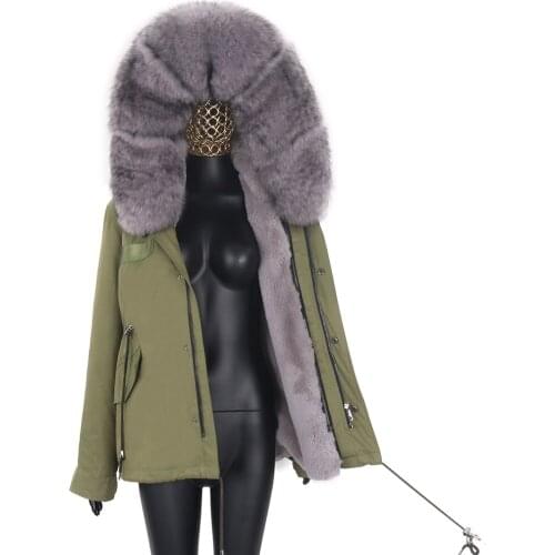 Womens Jacket Large Natural Fox Fur Hooded Coat Parka Outwear Green Black Army Detachable Lining Winter Jackets Fashion 2021