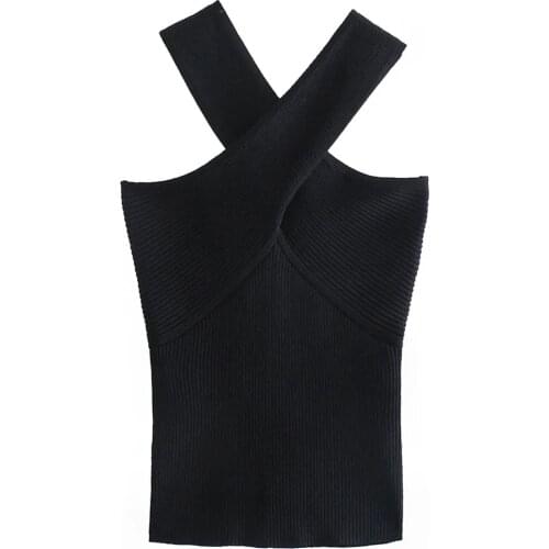 ZA Women Fashion Sexy Cropped Solid Color Knitted Blouses Vintage Backless Wide Shoulder Strap Female Shirts Cross Necked Vest