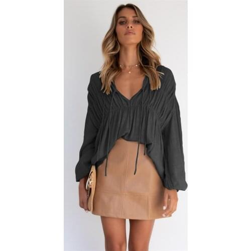 Long Sleeve Pleated Summer T-shirt Women 2021 Solid Color Loose Casual V-neck Elegant Top Black Womens Tshirt