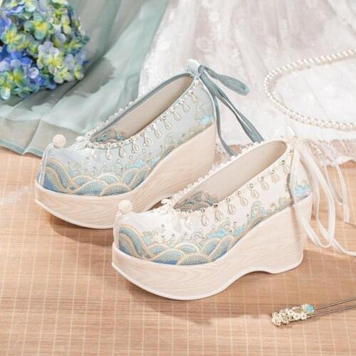 Womens Embroidery Floral Satin Hanfu Pearls Platform High Heel Shoes Chinese Styles Riding New White Retro New 2021
