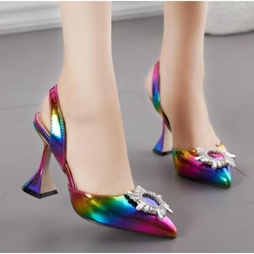 Rainbow color women sandals plus size 42 pointed toe shallow high heels sandales crystal round buckle slingback slip on sandals