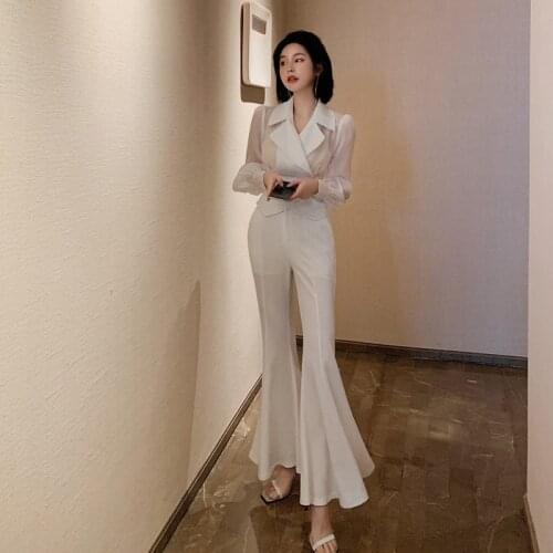 Ladies Elegant Casual 2 Piece Set New Arrival 2020 Long Sleeve Blazer and Wide Legging Pants Woman White Two Piece Set Autumn