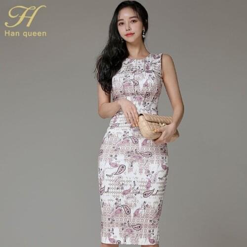H Han Queen Elegant O-Neck Print Sleeveless Dress Womens Summer Sheath Office Wear Dresses Occupation Work Bodycon Vestidos