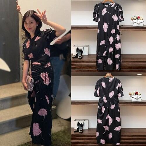 Mine same Round neck pink printed flower drawstring dress Korean elegant high quality dress