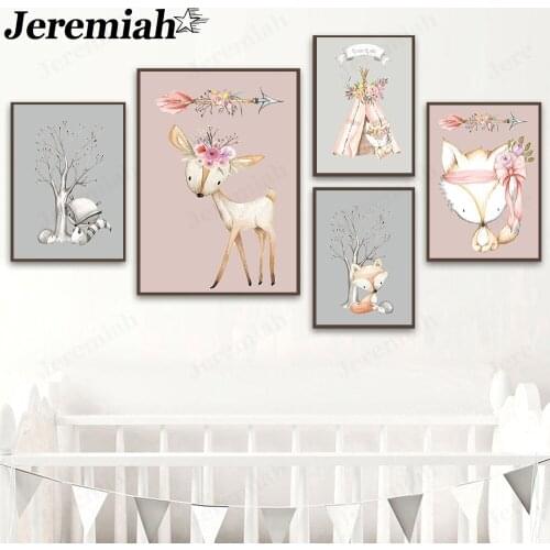 Abstract Animal Canvas Painting Cartoon Fox Deer Flower Poster Picture Print Wall Art Nordic Children Room Home Decoration