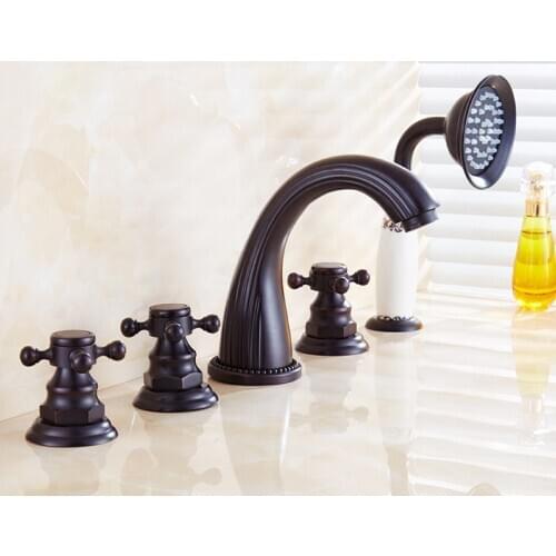 Deck Mounted 5 Holes Bathtub Mixer Faucet Black Oil Rubbed Brass Widespread 3 Handle bathroom basin Faucet Set Handshower atf056