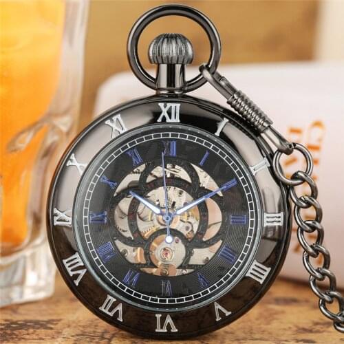 Bronze/Silver/Black Carving Roman Numerals Design Mechanical Hand-Winding Pocket Watch for Men Women Pendant Chain Clock Gift