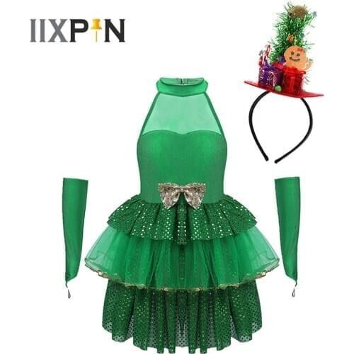 Kids Girl Ballet Leotard Mesh Tutu Dress Christmas Sequins Costume Xmas Girls Elf Princess Dress with Arm Sleeves Headband Set