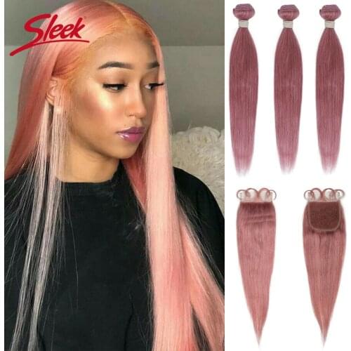 Sleek Brazilian Bundles With Closure Pink Color Straight 3 Bundles With Closure Natural Remy Human Hair For Black Women