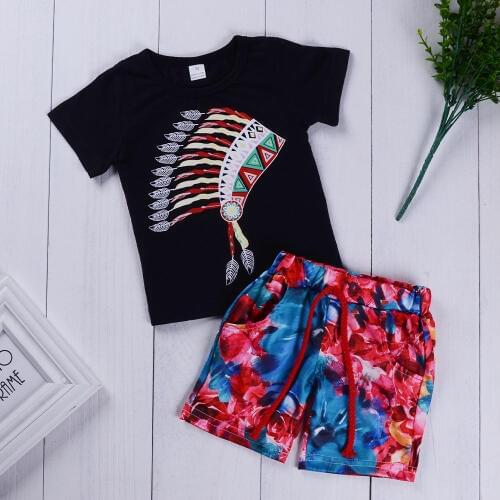 Baby Boy 2pcs Clothing Set India Indian Pattern T-shirt + Printed Pants Casual Sports Childrens Wear