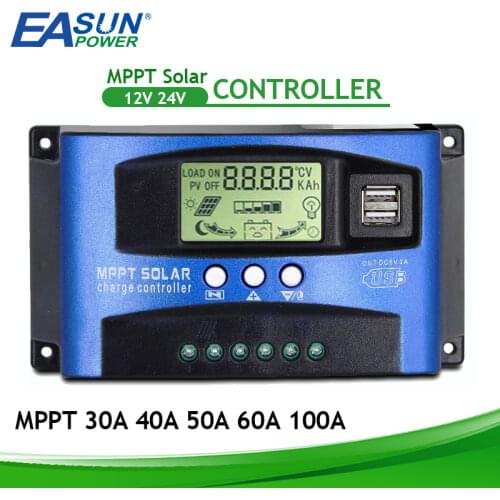 MPPT Solar Charge Controller 30A 40A 50A 60A 100A Dual USB LCD Display 12V 24V Solar Cell Panel Charger Regulator with Load