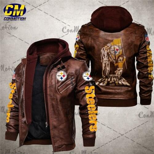 Fun steelers Father and Son Graffiti Flag Print Casual Motorcycle Leather Jacket Winter Outer Casual Pittsburgh Streetwear