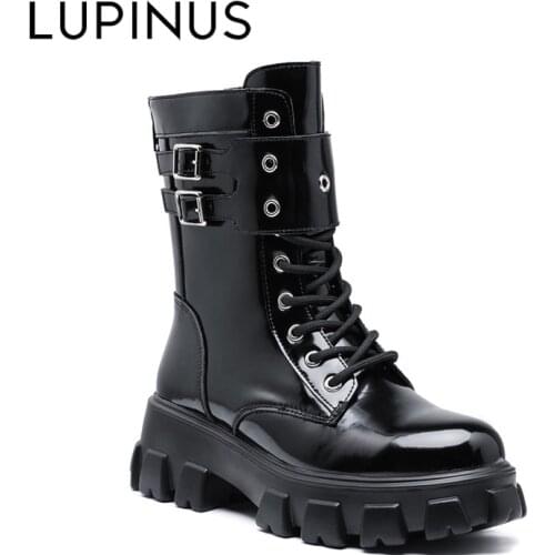 LUPINUS Luxury Brand Platform Ankle Boots Women Fashion Zipper Woman Boots Patent Leather Black Lace-Up Boots Women Shoes
