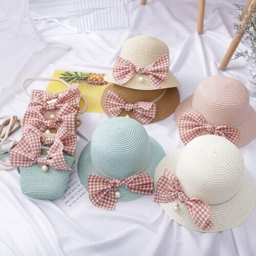Cute Casual Sun Hats Bow Hand Made Chidren Straw Cap Breathable Sunscreen Literary Beach Hat With School Bag Girl Accessories