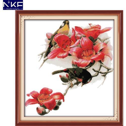 NKF Kapok Red-billed Leiothrix Cross Stitch Sets 11CT14CT Stampede Counted Cross Stitch Kit for Embroidery Needlework Home Decor