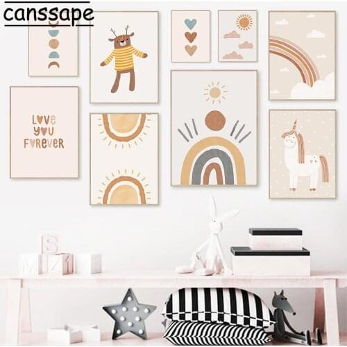 Nursery Wall Art Print Unicorn Deer Painting Rainbow Sun Canvas Prints Abstract Poster Boho Wall Pictures For Kids Bedroom Decor