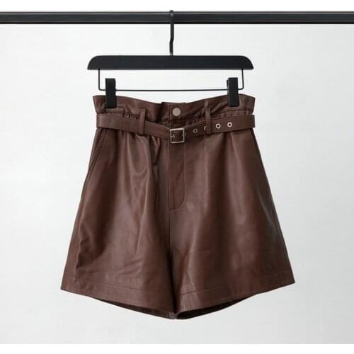 2021 Autumn New Leather Shorts Female Sheep Leather Belt Harem Pants High Waist Wide Leg Pants Wild Boots Pants Tide