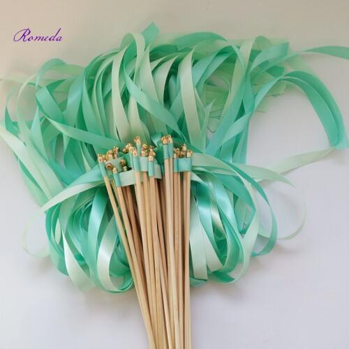 New Design 50pcs/lot Green wedding ribbon stick with gold bell for wedding decoration