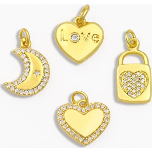 OCESRIO DIY Gold Filled Small heart Pendant Decoration White Stone Moon Pendant CZ Nacklace Jewelry Making Supplies pdta026