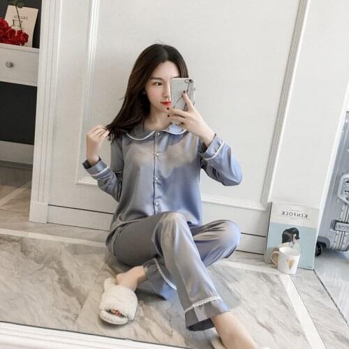 Spring/Summer Sweet Pink Girl Emulation Silk Button Long Sleeve Trousers Pajamas Home Dress Doll Collar Casual Homewear Set 2PCS