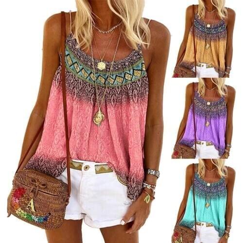 Casual Women Sleeveless Gradient Color Printed Loose Camisole Beach Blouse Top Gradient Color Printed Camisole Beach Blouse Top