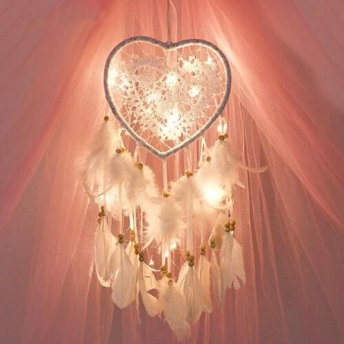 Girl Heart Dream Catcher National Feather Ornaments Lace Ribbons Feathers Wrapped Lights Girls Room Decor Dreamcatcher