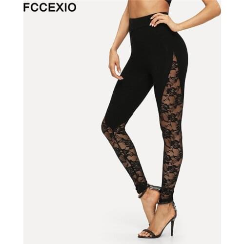 FCCEXIO Sexy Black Lace Patchwork Embroidery Leggings See Through Mesh High Waist Long Pants Clubwear Seamless Women Leggings