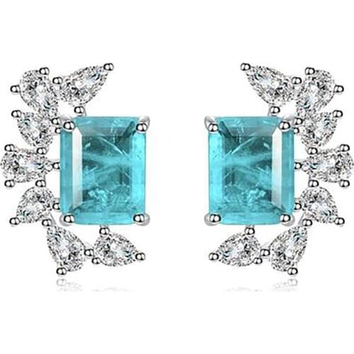 Luxury 925 Sterling Silver Paraiba Tourmaline Topaz Ruby Stud Earrings Lab Diamond Wedding Cocktail Fine Jewelry Gift for Women