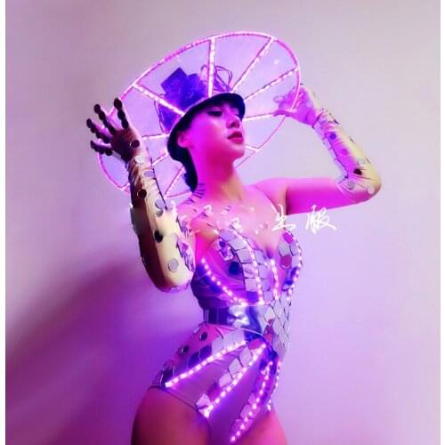 LED shiny glowing costume halloween party stage dance show wear lumious mirror bodysuit