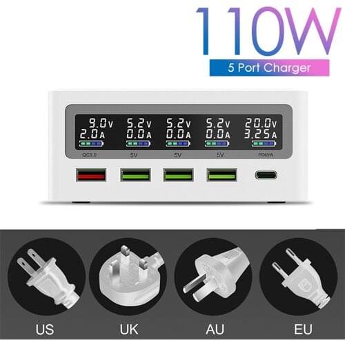ILEPO 110W USB Charger For iPhone12 11 Plus 5 Ports 65W Fast Charger For MacBook Pro Laptop QC3.0 4.0 USBA USB C Charger Station