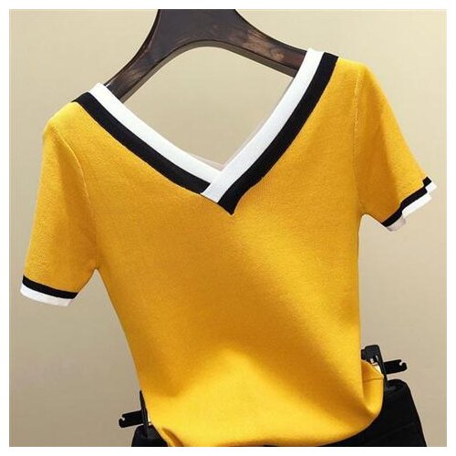 V-neck Yellow Girl Summer beauty Thin Office Lady Cloth Women T-shirts Knitting Crop Short Sleeve Stretchy T-shirt Ice silk Tops