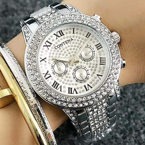 Relogio Feminino Contena Luxury Top Brand Stainless Full Steel Silver Bling Diamond Ladies Watches Women Rhinestone Wristwatches