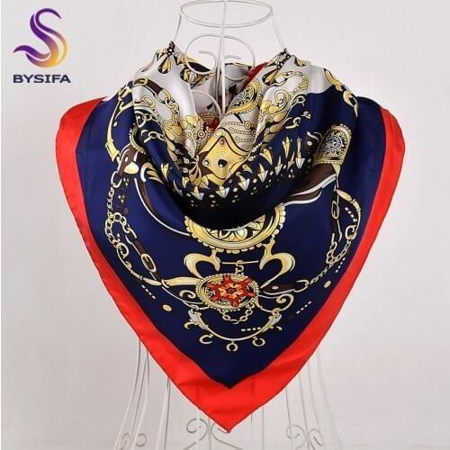BYSIFA Women Square Scarves Capes Fashion Brand Chain Plaid Design Twill Silk Scarf Shawl 110*110cm Spring Autumn Winter Scarves