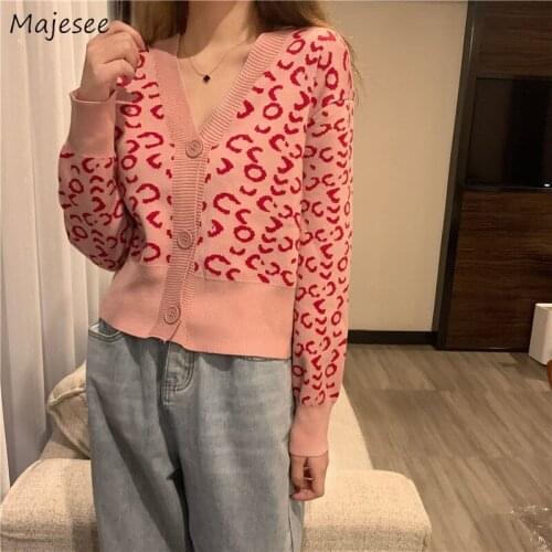 Cardigan Womens Vintage Leopard Harajuku Long Sleeve Leisure Slim V-Neck New Korean Style Autumn Trendy High Street Knitted Kpop