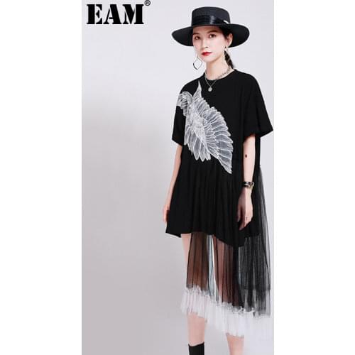[EAM] Women Black Wings Stitch Mesh Big Size Dress New Round Neck Short Sleeve Loose Fit Fashion Tide Spring Summer 2021 1W948