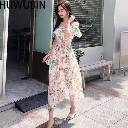 2021 Summer New Ladys Temperament Fresh Ruffle One Line Collar Lace Up Waist Korean Unique Chiffon Printing Avant-Garde Dress