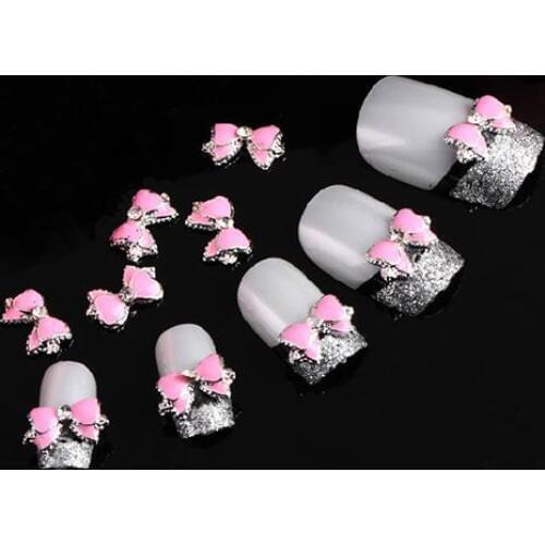 10pcs 3D Pink Nail Art Bow Alloy Rhinestone Tie Glitters Slice DIY Decoration Tip