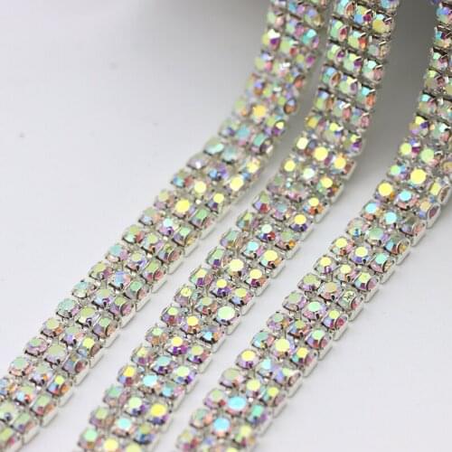 3 Rows Crystal AB White Sew on Rhinestones Silver base Glass Rhinestone Trim Mesh For DIY Wedding Dress Shoes Decoration