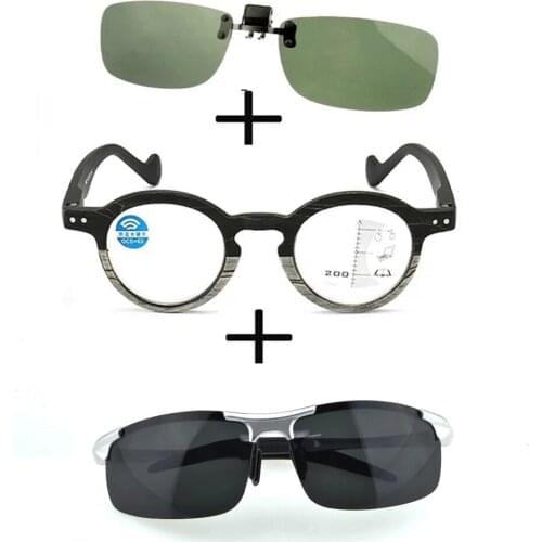 3Pcs!! Wood Progressive Multifocal Far and Near Reading Glasses Men Women + Alloy Polarized Sunglasses Outdoor + Sunglasses Clip