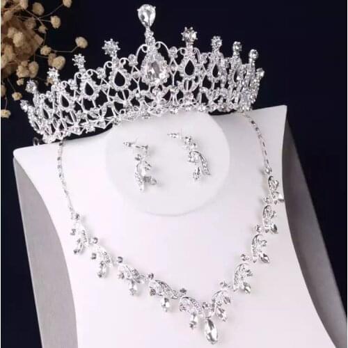 3 Pcs Silver Necklace And Tiara Crowns Sets Earring Crystal Bridal Wedding Hair Jewelry Women Queen Hair Accessories New Design