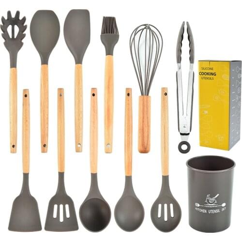 Wooden Handle Silicone Kitchenware Set Kitchen Tools Accessories Shovel Soup Spoon Kit