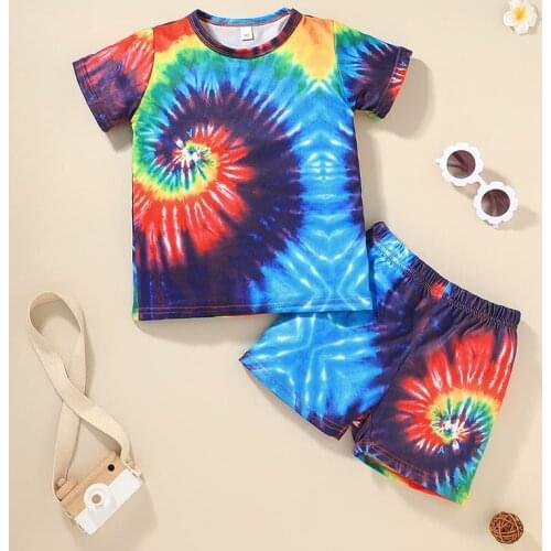 Children Tie-dye Clothes Set,Boys Girls Short Sleeve Round Collar T-shirt + Elastic Waist Shorts 2021 New Fashion