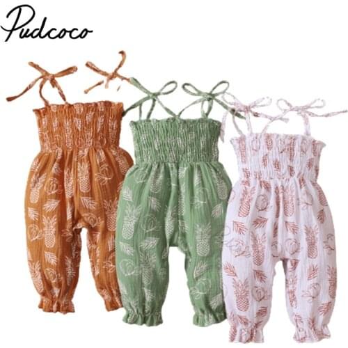 Infant Baby Pineapple Print Long Romper, Girls Sleeveless Stretchy Sling Jumpsuit with Ruffle for Summer