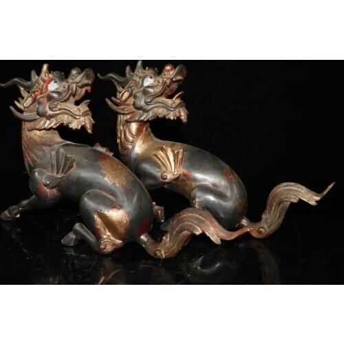 Home Decor 17" Tibet Buddhism Old Bronze Lacquer Cinnabars Fire unicorn statue A pair Beast Town House Ward off evil spirits