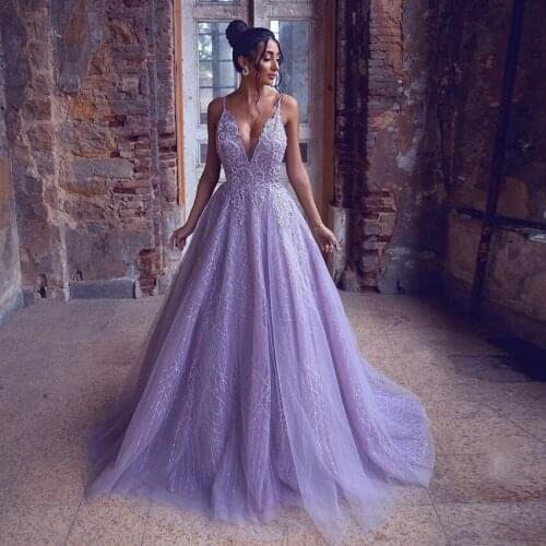 Elegant Lavender Lace A-line Formal Party Dresses Appliques Beaded Pretty Open Back Prom Gowns Summer Vestidos