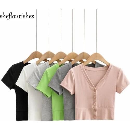 Short sleeve tees summer women t shirt basic v neck top sexy button up shirt women cotton tshirt white pink shirts black 2021