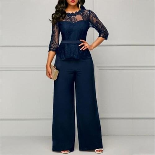 2021 New Spring Autumn Women Lace high waist 2 Pcs Pant Sets Solid Lace Top+ Long Pant Formal Wear Casual Sets Wide leg pants