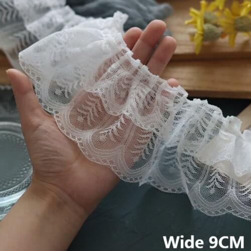 9CM Wide White Black Double Layers Mesh Pleated Embroidered Fringe Ribbon Lace Applique Collar Ruffle Trim Handmade Sewing Decor