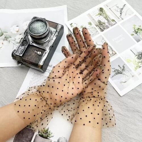 New Lace Autumn Womens Sexy Transparentes Dot Print Black White Mesh Tulle Gloves Female Club Prom Party Dancing Dress Glove