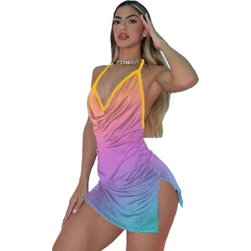 Summer Fashion Strapless Back Gradient Printing and Dyeing Bilateral Split Strap Dress